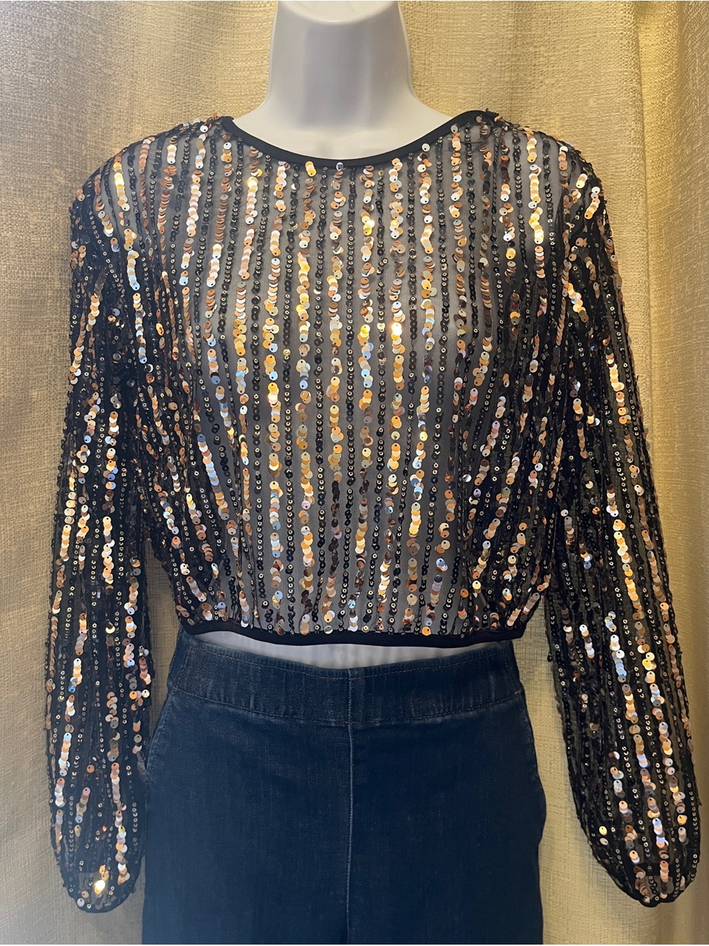 Black Sequin Sheer Long-Sleeve Crop Top
